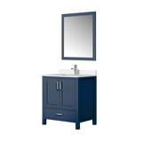 Lexora Jacques 30 in. W Navy Blue Bath Vanity Cabinet, White Quartz Top, Faucet Set, and 28 in. Mirror