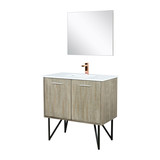 Lexora Lancy 36 inch W x 20 in D Rustic Acacia Bath Vanity Cabinet, White Quartz Top, Rose Gold Faucet Set and 28 in Mirror