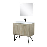 Lexora LLC36SKSOSM28FGM Lancy 36 inch W x 20 in D Rustic Acacia Bath Vanity Cabinet, White Quartz Top, Gun Metal Faucet Set and 28 in Mirror