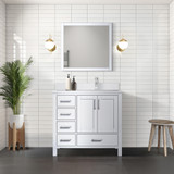 Lexora  LVJ36SA310R Jacques 36 in. W x 22 in. D Right Offset White Bath Vanity, Cultured Marble Top, and 34 in. Mirror