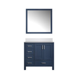 Lexora Jacques 36 in. W Right Offset Navy Blue Bath Vanity Cabinet, Cultured Marble Top, and 34 in. Mirror