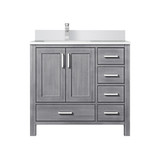 Lexora Jacques 36 in. W Left Offset Distressed Grey Bath Vanity Cabinet, White Quartz Top, and Faucet Set