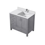 Lexora Jacques 36 in. W Right Offset Distressed Grey Bath Vanity Cabinet, White Quartz Top, and Faucet Set