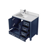Lexora Jacques 36 in. W Left Offset Navy Blue Bath Vanity Cabinet, White Quartz Top, and Faucet Set
