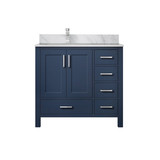 Lexora Jacques 36 in. W Left Offset Navy Blue Bath Vanity Cabinet, Carrara Marble Top, and Faucet Set