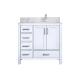 Lexora Jacques 36 in. W Right Offset White Bath Vanity Cabinet, Carrara Marble Top, and Faucet Set