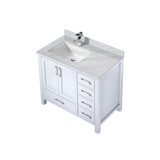 Lexora Jacques 36 in. W Left Offset White Bath Vanity Cabinet, Carrara Marble Top, and Faucet Set