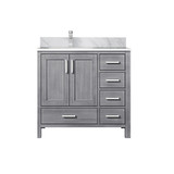 Lexora LVJ36SD101L Jacques 36 in. W Left Offset Distressed Grey Bath Vanity Cabinet, Carrara Marble Top, and Faucet Set