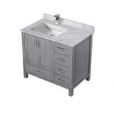Lexora Jacques 36 in. W Left Offset Distressed Grey Bath Vanity Cabinet, Carrara Marble Top, and Faucet Set
