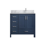 Lexora LVJ36SE101R Jacques 36 in. W Right Offset Navy Blue Bath Vanity Cabinet, Carrara Marble Top, and Faucet Set