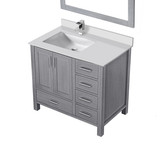 Lexora LVJ36SD311L Jacques 36 in. W Left Offset Distressed Grey Bath Vanity Cabinet, Cultured Marble Top, Faucet Set, and 34 in. Mirror
