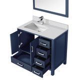 Lexora  LVJ36SE311L Jacques 36 in. W x 22 in. D Left Offset Navy Blue Bath Vanity, Cultured Marble Top, Faucet Set, and 34 in. Mirror