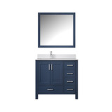Lexora Jacques 36 in. W Left Offset Navy Blue Bath Vanity Cabinet, Cultured Marble Top, Faucet Set, and 34 in. Mirror