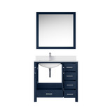 Lexora LVJ36SE311L Jacques 36 in. W Left Offset Navy Blue Bath Vanity Cabinet, Cultured Marble Top, Faucet Set, and 34 in. Mirror