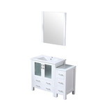 Lexora Volez 42 inch W White Bath Vanity Cabinet with Side Cabinet, White Ceramic Top, and 28 in Mirror