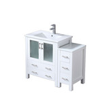 Lexora Volez 42 inch W White Vanity Cabinet with Side Cabinet, White Ceramic Top, and Faucet Set