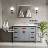 Lexora  LVZV48SB211 Ziva 48 in W x 22 in D Dark Grey Bath Vanity, White Quartz Top, Faucet Set and 34 in Mirror