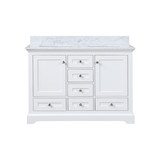 Lexora Dukes 48 in. W White Double Sink Vanity Cabinet, Carrara Marble Top,