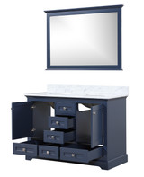 Lexora Dukes 48 in. W Navy Blue Double Sink Vanity Cabinet, Carrara Marble Top, and 46 in. Mirror