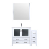 Lexora LVV48S36A611 Volez 48 inch W White Vanity Cabinet with Side Cabinet, White Ceramic Top, and 34 in Mirror