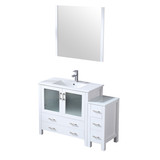 Lexora LVV48S36A611 Volez 48 inch W White Vanity Cabinet with Side Cabinet, White Ceramic Top, and 34 in Mirror