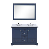 Lexora Dukes 48 in. W Navy Blue Double Sink Vanity Cabinet, White Quartz Top, Faucet Set, and 46 in. Mirror