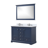 Lexora Dukes 48 in. W Navy Blue Double Sink Vanity Cabinet, White Quartz Top, Faucet Set, and 46 in. Mirror