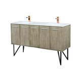 Lexora Lancy 60 inch W x 20 in D Rustic Acacia Double Sink Vanity Cabinet, White Quartz Top and Rose Gold Faucet Set