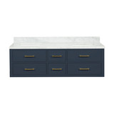 Lexora Castor 60 inch W Blue Double Sink Wall Hung Vanity Cabinet and Carrara Marble Top