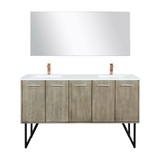 Lexora LLC60DKSOSM55FRG Lancy 60 inch W x 20 in D Rustic Acacia Double Sink Vanity Cabinet, White Quartz Top, Chrome Faucet Set and 55 in Mirror