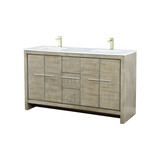 Lexora Lafarre 60 inch W x 20 in D Rustic Acacia Double Sink Vanity Cabinet, White Quartz Top and Brushed Nickel Faucet Set