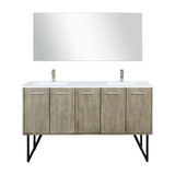Lexora LLC60DKSOSM55FBN Lancy 60 inch W x 20 in D Rustic Acacia Double Sink Vanity Cabinet, White Quartz Top, Brushed Nickel Faucet Set and 55 in Mirror
