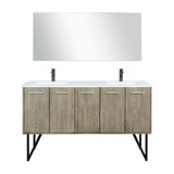 Lexora LLC60DKSOSM55FGM Lancy 60 inch W x 20 in D Rustic Acacia Double Sink Vanity Cabinet, White Quartz Top, Gun Metal Faucet Set and 55 in Mirror