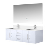 Lexora Geneva 60 in. W Glossy White Wall Mount Double Sink Vanity Cabinet, Cultured Marble Top, Faucet Set, and 60 in. LED Mirror