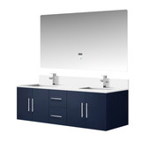 Lexora Geneva 60 in. W Navy Blue Wall Mount Double Sink Vanity Cabinet, White Quartz Top, Faucet Set, and 60 in. LED Mirror