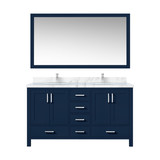Lexora Jacques 60 in. W Navy Blue Double Sink Vanity Cabinet, Carrara Marble Top, Faucet Set, and 58 in. Mirror