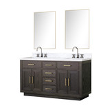 Lexora Abbey 60 inch W Brown Oak Double Sink Vanity Cabinet, Carrara Marble Top, Faucet Set, and 28 in Mirrors