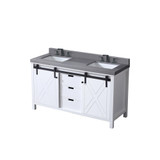 Lexora Marsyas 60 inch W White Double Sink Vanity Cabinet, Grey Quartz Countertop and Faucet Set