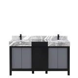 Lexora Zilara 60 inch W Black and Grey Double Sink Vanity Cabinet, Castle Grey Marble Top and Matte Black Faucet Set