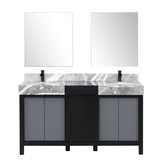Lexora Zilara 60 inch W Black and Grey Double Sink Vanity Cabinet, Castle Grey Marble Top, Matte Black Faucet Set and 28 in Mirrors