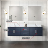 Lexora  LVG72DE210 Geneva 72 in. W x 22 in. D Navy Blue Double Bath Vanity, White Quartz Top, and 30 in. LED Mirrors