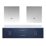Lexora Geneva 72 in. W Navy Blue Wall Mount Double Sink Vanity Cabinet, White Quartz Top, and 30 in. LED Mirrors