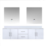 Lexora Geneva 72 in. W Glossy White Wall Mount Double Sink Vanity Cabinet, Cultured Marble Top, and 30 in. LED Mirrors