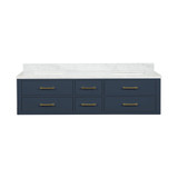 Lexora Castor 72 inch W Blue Double Sink Wall Hung Vanity Cabinet and Carrara Marble Top
