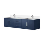 Lexora Geneva 72 in. W Navy Blue Wall Mount Double Sink Vanity Cabinet, White Quartz Top, and Faucet Set