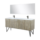 Lexora LLC72DKSOSM70FGM Lancy 72 inch W x 20 in D Rustic Acacia Double Sink Vanity Cabinet, White Quartz Top, Gun Metal Faucet Set and 70 in Mirror
