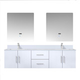 Lexora Geneva 72 in. W Glossy White Wall Mount Double Sink Vanity Cabinet, Cultured Marble Top, Faucet Set, and 30 in. LED Mirrors