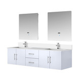 Lexora LVG72DM311 Geneva 72 in. W Glossy White Wall Mount Double Sink Vanity Cabinet, Cultured Marble Top, Faucet Set, and 30 in. LED Mirrors