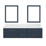Lexora LVC72DE110 Castor 72 inch W Blue Double Sink Wall Hung Vanity Cabinet, Carrara Marble Top, and 34 in Mirrors