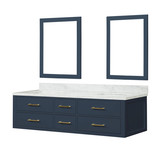 Lexora LVC72DE110 Castor 72 inch W Blue Double Sink Wall Hung Vanity Cabinet, Carrara Marble Top, and 34 in Mirrors